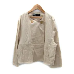 ザラ ZARA ノーカラージャケット ミドル丈 無地 ダブルボタン リネン混 麻 M ベージュ /SY30