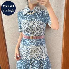 ヴィンテージ レトロ古着 花柄ジャージーワンピース 青 半袖 くるみボタン