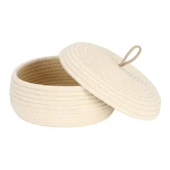 【迅速発送】Sea Team 収納バスケット 収納ボックス 収納かご バスケット ふたつき コットンロープバスケット 化粧品収納バスケット 小物入れ 靴下 パンツ 収納 装飾用 多用途 編み込み かわいい オフィス収納 部屋収納 円形(25x25x12cm 0