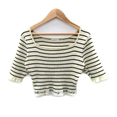 アプレジュールミニョン apres jour mignon ニット カットソー ショート丈 五分袖 スクエアネック ボーダー柄 F オフホワイト 黒 /SY29