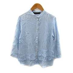 ザラ ベーシック ZARA BASIC シャツ ブラウス 七分袖 バンドカラー ストライプ柄 XS 水色 ライトブルー 白 ホワイト /SY4