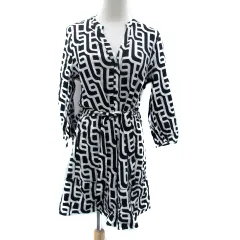 ザラ ZARA シャツワンピース スリットネック 長袖 ひざ丈 総柄 麻 リネン S 黒 ブラック オフホワイト /HO3