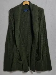 L (77) ポロ カーキ ケーブル編み ニット オープン カーディガン カシミア混 ブレンド ハンドニット