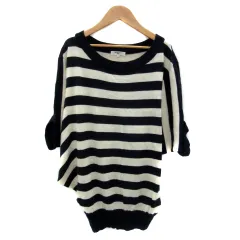 ナチュラルビューティーベーシック NATURAL BEAUTY BASIC ニット カットソー 七分袖 ドルマンスリーブ ラウンドネック ボーダー柄 M 紺 ネイビー ライトベージュ /YS30