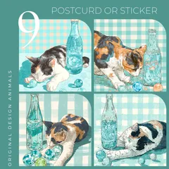 オリジナルデザイン アニマル ポストカード ステッカー マット紙 選べるタイプ 同柄 ハガキサイズ 可愛い 癒し イラスト 紙もの コラージュ ジュース 三毛猫 可愛い ラムネ チェック柄
