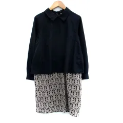 ビームスハート BEAMS HEART ワンピース ひざ丈 長袖 総柄 切替 マルチカラー 紺 ネイビー ピンクベージュ /SM3