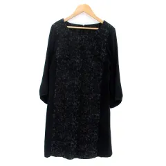 コムサデモード COMME CA DU MODE ワンピース ラウンドネック 長袖 ひざ丈 総柄 9 M 黒 ブラック /HO37