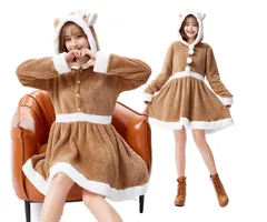 新品 [JUNDOMECY] クリスマス コスプレ トナカイ レディース ふわふわ 可愛い サンタ 衣装 着ぐるみ 大きいサイズ 袖 ワンピース フード付き サンタクロース 仮装 クリスマス コスチューム 親子服 イベント パーティー 新年会 文化祭 (M)