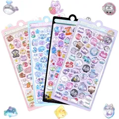 【4枚セット】3dシール 立体シール 可愛い ぷくぷく Lucktree ジュエル風 立体 泡ステッカー ステッカー 手帳用 貼り付け可能 女の子 （動物 + 翡翠のウサギ + 雲 + 海） 1