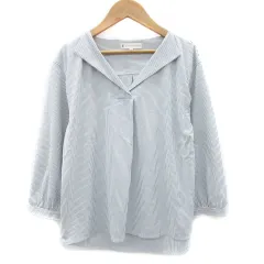 クミキョク 組曲 KUMIKYOKU カットソー 七分袖 スリットネック ストライプ柄 2 ブルー 青 /YM37