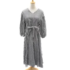 ミラオーウェン Mila Owen ワンピース ロング丈 七分袖 ウエストリボン チェック柄 麻 リネン混 1 黒 ブラック 白 ホワイト /YK16 