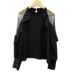 リリーブラウン Lily Brown ブラウス カットソー 長袖 オフネック 総柄 シースルー フリル F 黒 ブラック ゴールド色 /MA2