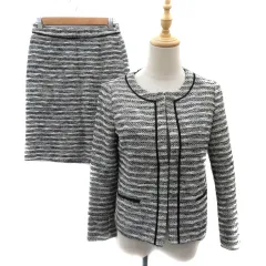 インディヴィ INDIVI フォーマル セットアップ 上下 ノーカラージャケット ミドル丈 フレアスカート ひざ丈 ツイード ボーダー柄 36 S 黒 ブラック /YK50