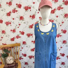 デニムワンピース 花刺繍 ノースリーブ ロング丈 ヴィンテージ