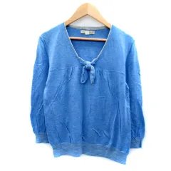 ヒューマンウーマン HUMAN WOMAN ニット カットソー 七分袖 Vネック 無地 リボン M 水色 ライトブルー グレー /SY34 ■MO