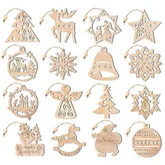 クリスマスツリー オーナメント 木製 北欧 クリスマス オーナメント 飾り 紐付き サンタ 雪の結晶 トナカイ 雪だるま 天使 ベル クリスマスツリー 飾り 装飾 ギフトタグ 16個セット 1