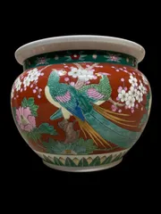 睡蓮鉢 有田焼 古伊万里様式 窯元 弥左衛門 やざえもん 江戸時代 磁器 伊万里焼 肥前焼 日本 伊万里焼 中国 ジンジャージャー 蓋付き 壺 花瓶 色彩 鳥 花 陶磁器 アンティーク レトロ ヴィンテージ 時代物 古美術 骨董 コレクション N25K(出)5