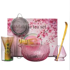 MiniMood抹茶茶碗セット 茶道5点セット ガラス製 透明鎚目 596ml 茶碗 付属品:竹製茶筅・茶杓・ステンレス茶こし・スタンド 初心者向けお点前セット (ピンク) 1