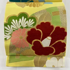 【美品】 袋帯 秀品 椿 菊 金糸 箔 黄色 六通 正絹 【中古】