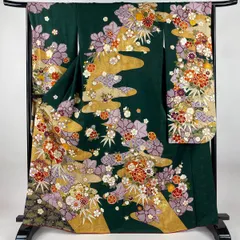 【美品】 振袖 身丈165cm 裄丈66.5cm M 袷 牡丹 梅 箔 刺繍 深緑 正絹 逸品 【中古】
