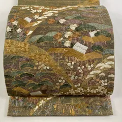【美品】 袋帯 逸品 建物 松竹梅 刺繍 金糸 金色 お太鼓柄 正絹 【中古】