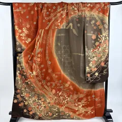 振袖 身丈166.5cm 裄丈68.5cm L 袷 鳳凰 桜 金銀糸 金彩 オレンジ 正絹 秀品 【中古】