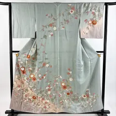 訪問着 身丈157cm 裄丈63.5cm S 袷 菊 橘 金彩 ぼかし 灰緑 正絹 秀品 【中古】