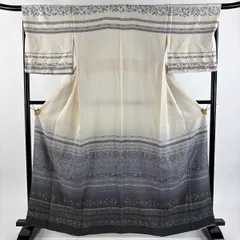 訪問着 身丈163.5cm 裄丈68cm L 袷 花唐草 横縞 ぼかし クリーム 正絹 秀品 【中古】