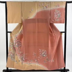訪問着 身丈154cm 裄丈63.5cm S 袷 花籠 橘花 金彩 染め分け 薄オレンジ 正絹 秀品 【中古】