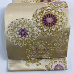 【美品】 袋帯 名品 帝国貝紫 正倉院華文重ね 刺繍 金糸 ベージュ 六通 正絹 【中古】