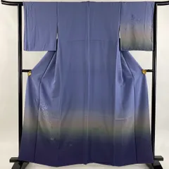 付下げ 身丈161cm 裄丈64cm M 袷 楽器 檜扇 刺繍 ぼかし 青灰色 正絹 秀品 【中古】