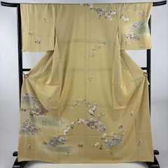 訪問着 身丈168cm 裄丈66.5cm M 袷 扇面 草花 金銀彩 金糸 ベージュ 正絹 秀品 【中古】