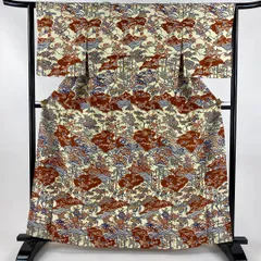 【美品】 小紋 身丈162cm 裄丈64cm M 袷 松竹梅 雲文 クリーム 正絹 秀品 【中古】