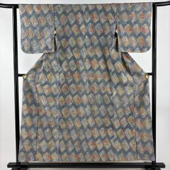 小紋 身丈155cm 裄丈62cm S 袷 紬地 幾何学模様 絞り 灰色 正絹 秀品 【中古】