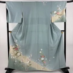 訪問着 身丈161cm 裄丈66.5cm M 袷 草花 枝梅 ぼかし 水色 正絹 秀品 【中古】