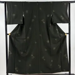 小紋 身丈154.5cm 裄丈62cm S 袷 松竹梅 金彩 深緑 正絹 秀品 一つ紋 【中古】