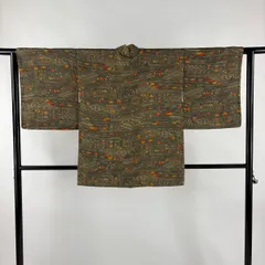 羽織 身丈76.5cm 裄丈63cm S 松竹梅 家屋 縮緬 灰緑 正絹 秀品 【中古】