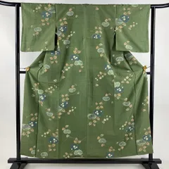 小紋 身丈156cm 裄丈62.5cm S 袷 紬地 やまと 蔦 菱 絞り 灰緑 正絹 秀品 【中古】