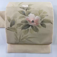 名古屋帯 秀品 落款 夏帯 絽 椿 刺繍 銀糸 ベージュ 正絹 【中古】