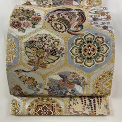 【美品】 袋帯 秀品 亀甲長寿絵図 亀甲 花鳥 金銀糸 箔 ベージュ 六通 正絹 【中古】
