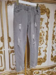 グレー デニム ダメージ デニム レギンス ウエストゴム