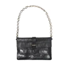 FURLA フルラ クロコ型押しレザー チェーンバッグ ミニバッグ ブラック レディース 【中古】