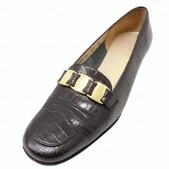 Salvatore Ferragamo フェラガモ クロコ型押し ローファー パンプス シューズ ロゴ ベルト 5C 22.5cm ブラック レディース 【中古】