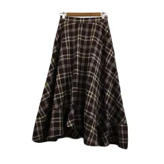 エムズエキサイト EMSEXCITE スカート フレア ロング ウエストゴム チェック アシンメトリー F 茶 白 ブラウン ホワイト