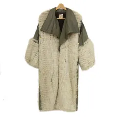 希少 ヴィンテージ◇HERMES フォックスファー レザー ウールツイード ロングコート 毛皮 本革 高級異素材コンビ エルメス レディース