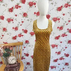 Cotton Candy ベロアロングワンピース 幾何学模様 ゴールド×ブラック 伸縮あり レトロクラシックドレス