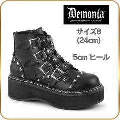 24 cm demonia デモニア 厚底 ブーツ ショートブーツ 5cm ヒール 黒 ビーガンレザー ベルト バックル ハート スタッズ ジッパー 厚底靴 ロック パンク ファッション 靴 レディース メンズ 用 シューズ EMILY-315