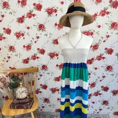 イタリア製 コットンマキシワンピース ストライプボーダー リゾートワンピース シャーリングベアトップドレス