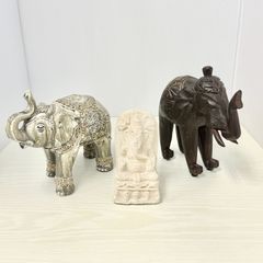 【キズあり良品✨】象のオブジェ3個セット①◇装飾 バリ アジアン ガネーシャの石像 木製 天然木 ウッド ディスプレイ インテリア 木彫り 彫刻 インテリアオブジェ オリエンタル 置き物 飾り 置物