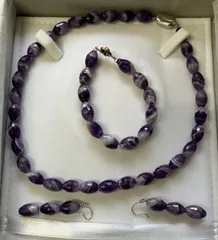 T168  パープルストーン　ネックレス＆ピアス＆ブレスレットセット　シルバー　K14WG刻印　ピアス先端K14WG  アクセサリー　レディース